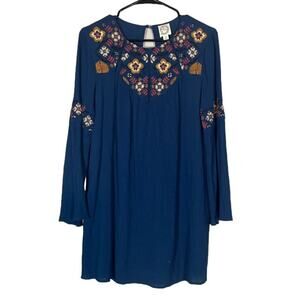 Blue Rain Blue Floral Boho Long Sleeve Embroidered Vibrant Dress Women Sz XS
